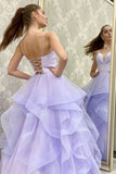 V Neck Backless Fluffy Lilac Long Prom Dress, Backless Lilac Formal Evening Dress, Purple Ball Gown