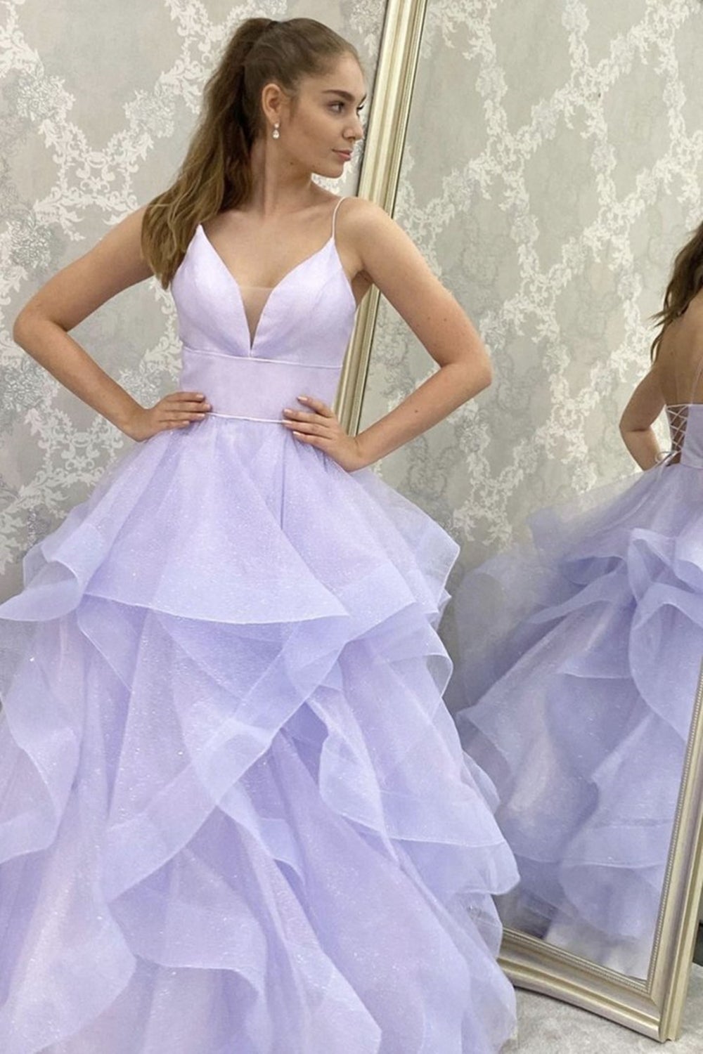 V Neck Backless Fluffy Lilac Long Prom Dress, Backless Lilac Formal Evening Dress, Purple Ball Gown
