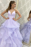 A-line V Neck Backless Lilac Long Prom Dress, Sparkly Formal Gown