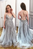A-line V Neck Backless Dusty Blue Lace Tulle Long Prom Dress,Formal Dresses