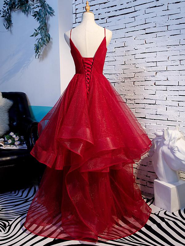 V Neck Red Prom Dresses,Princess Formal Evening Dress