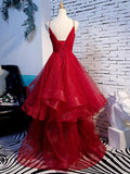 V Neck Red Prom Dresses,Princess Formal Evening Dress