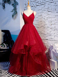 V Neck Red Prom Dresses,Princess Formal Evening Dress