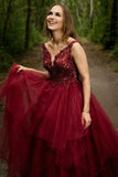 V Neck Fluffy Burgundy Lace Long Prom Dress, Burgundy Formal Dress, Burgundy Evening Gowns