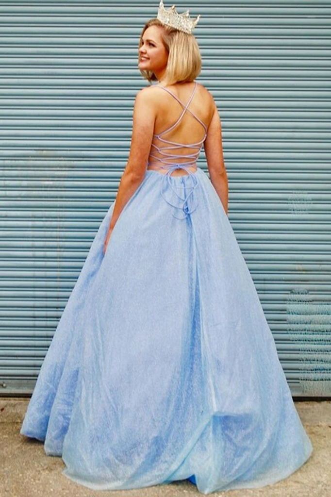 Elegant A-line V Neck Light Blue Backless Prom Dresses