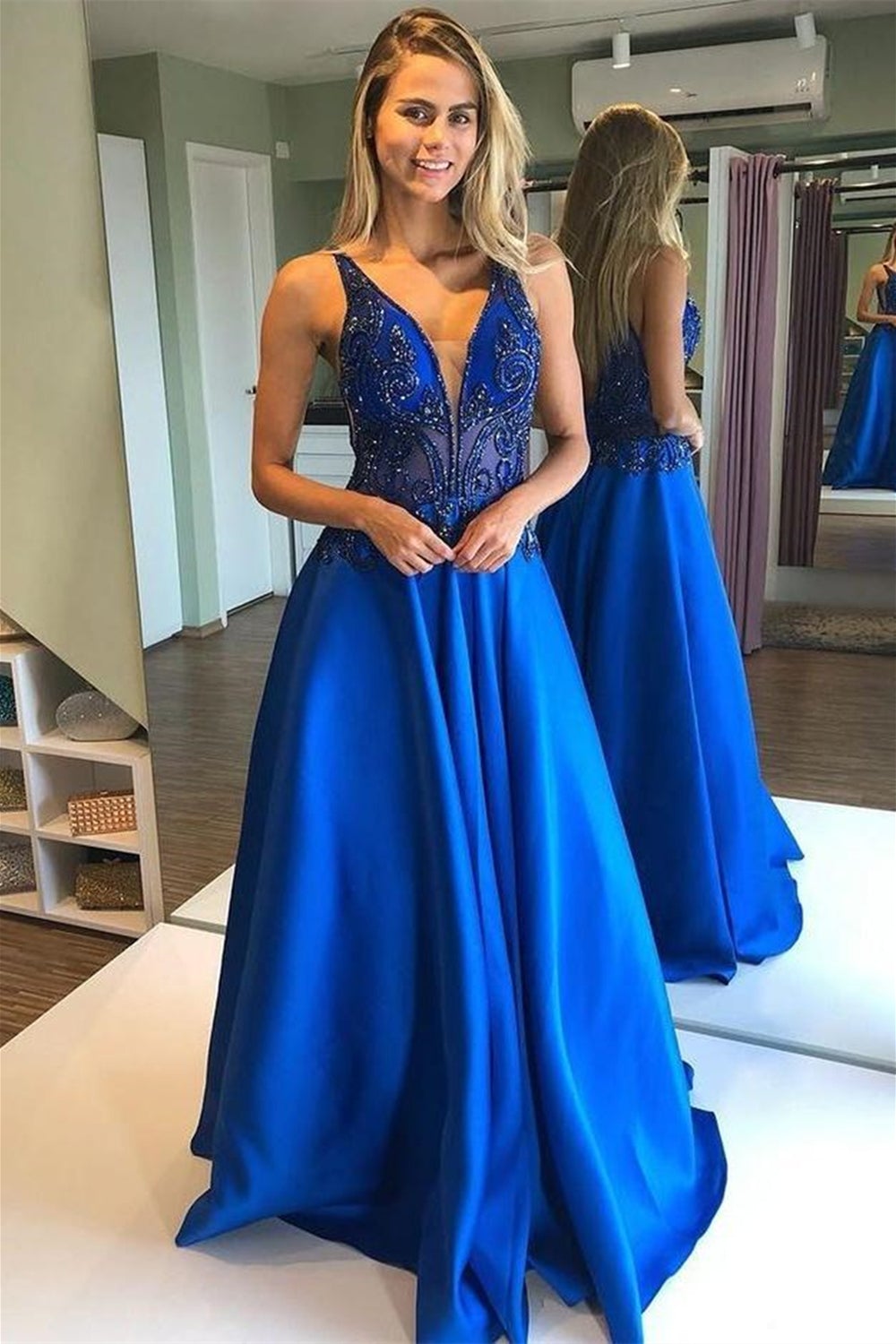 V Neck Open Back Blue Beaded Long Prom Dress,Sexy Formal Dresses, Blue Evening Gown