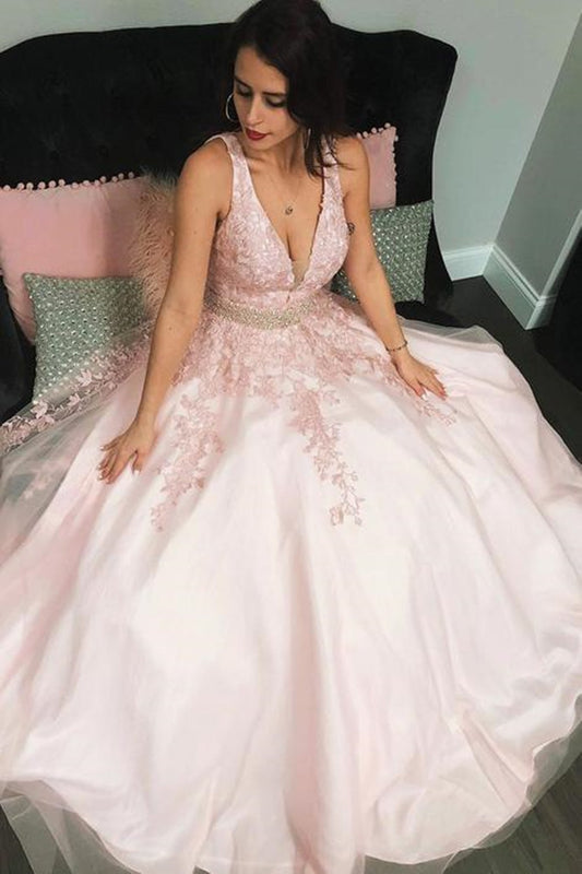 V Neck Open Back Pink Lace Long Prom Dress with Belt,Sexy Formal Evening Dress