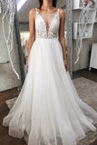 V Neck Open Back White Lace Long Prom Dresses, White Lace Wedding Dress,Women Formal Evening Dresses