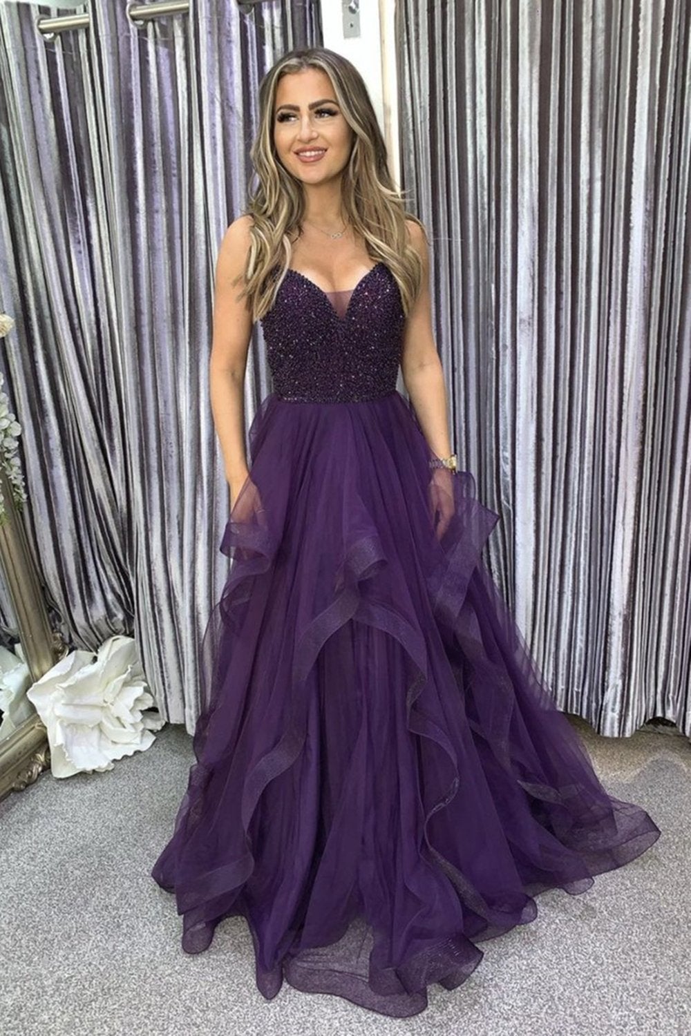 Fluffy A-line V neck Tulle Purple Formal Prom Dress with Beading,Party Dress