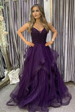 Fluffy A-line V neck Tulle Purple Formal Prom Dress with Beading,Party Dress