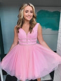 V Neck Short Pink Prom Dresses, Short V Neck Pink Graduation Homecoming Dresses