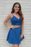 V Neck Two Pieces Beaded Blue Lace Short Prom Dress, 2 Pieces Blue Homecoming Dress, Blue Lace Formal Evening Dress