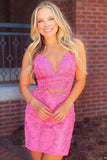 V Neck Two Pieces Pink Lace Short Prom Dresses, 2 Pieces Pink Homecoming Dresses, Pink Lace Formal Evening Dresses