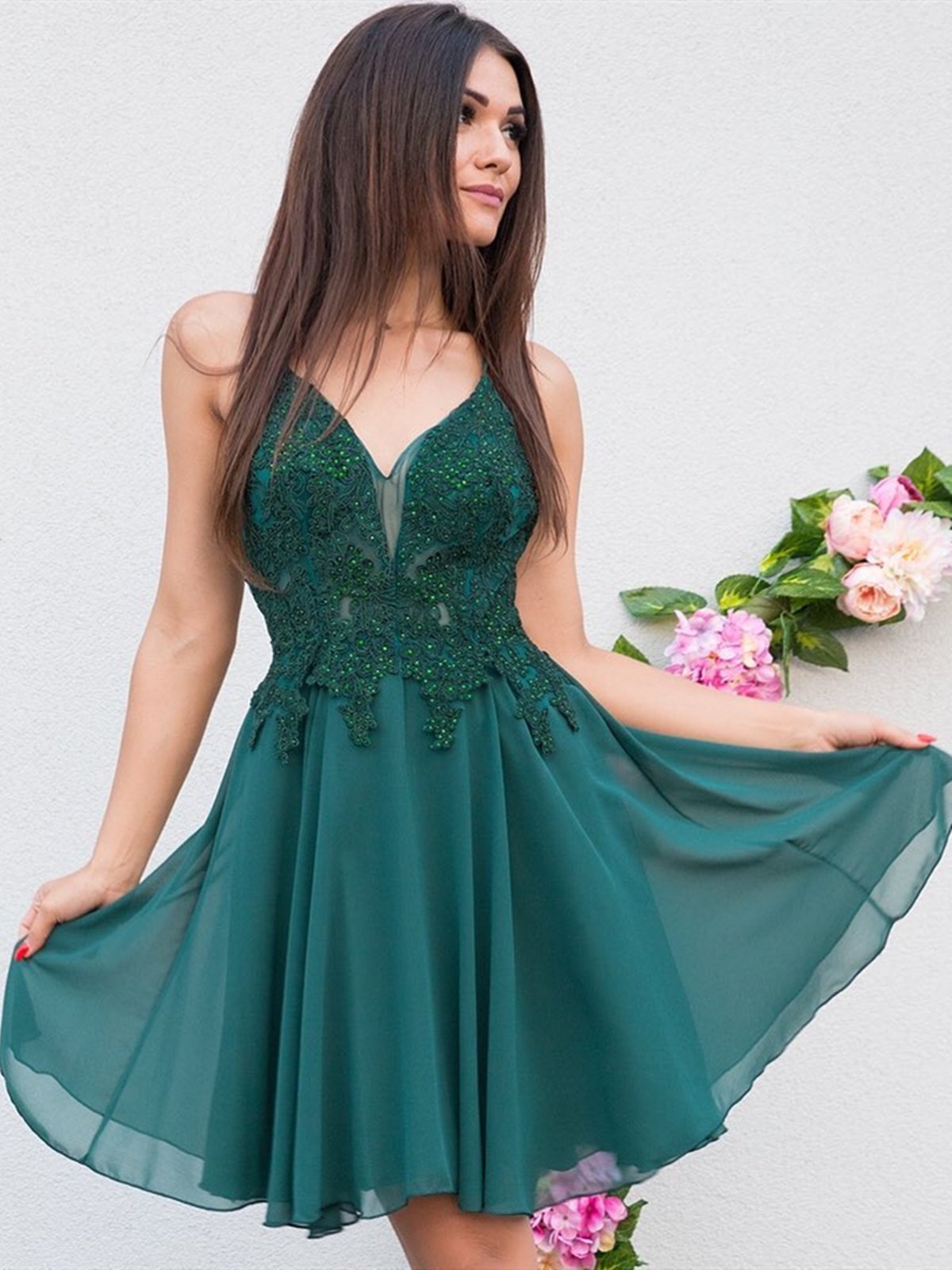 V Neck Short Green Lace Prom Dresses, Short Green Lace Formal Homecoming Graduation Dresses
