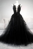 Vintage Black V Neck Tulle Prom Dresses,Formal Dress with Lace