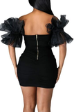 Women Sexy Puff Sleeve Ruffles Cocktail Dress Mesh Mini Party Dress,Short Black Homecoming Dresses