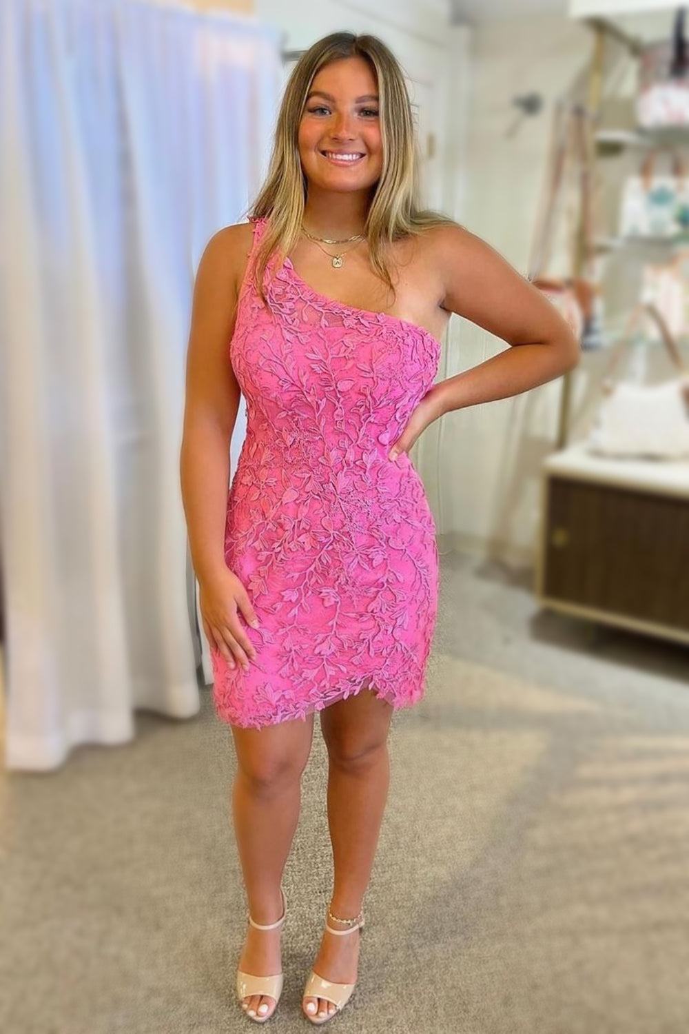Hot-Pink-One-Shoulder-Short-Homecoming-Dress-with-Appliques-Club-Dresses
