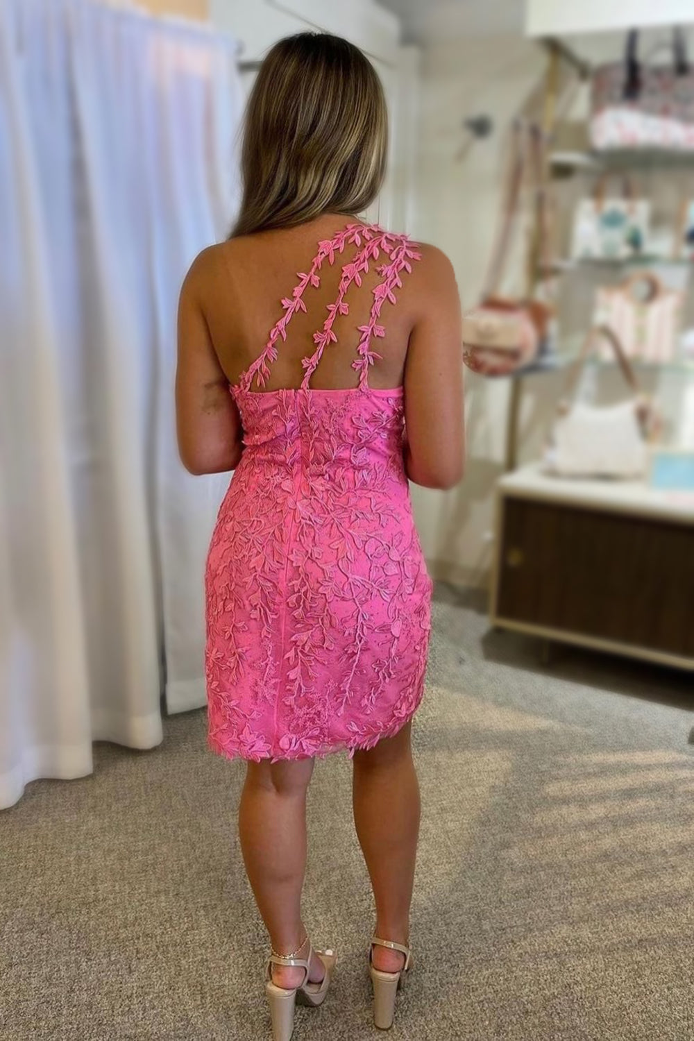 Hot Pink One Shoulder Short Homecoming Dress with Appliques Club Dresses