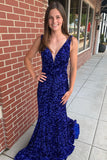 Mermaid Royal Blue V-Neck Sequins Long Prom Dress Maxi Dresses Fall