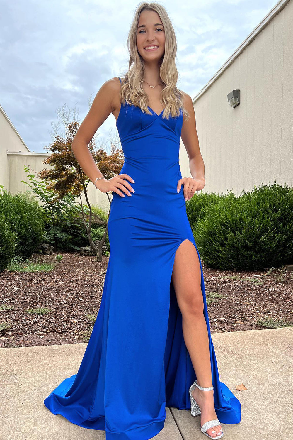 Blue Spaghetti Straps Long Prom Dress with Slit