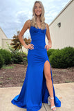 Blue Spaghetti Straps Long Prom Dress with Slit