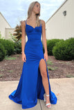 Blue Spaghetti Straps Long Prom Dress with Slit