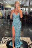 Sparkly Light Blue Lace-Up Back Sequins Prom Dresses with Slit