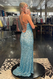 Sparkly Light Blue Lace-Up Back Sequins Prom Dresses with Slit