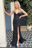 Mermaid Spaghetti Straps Black Sequins Long Prom Dress with Split Front