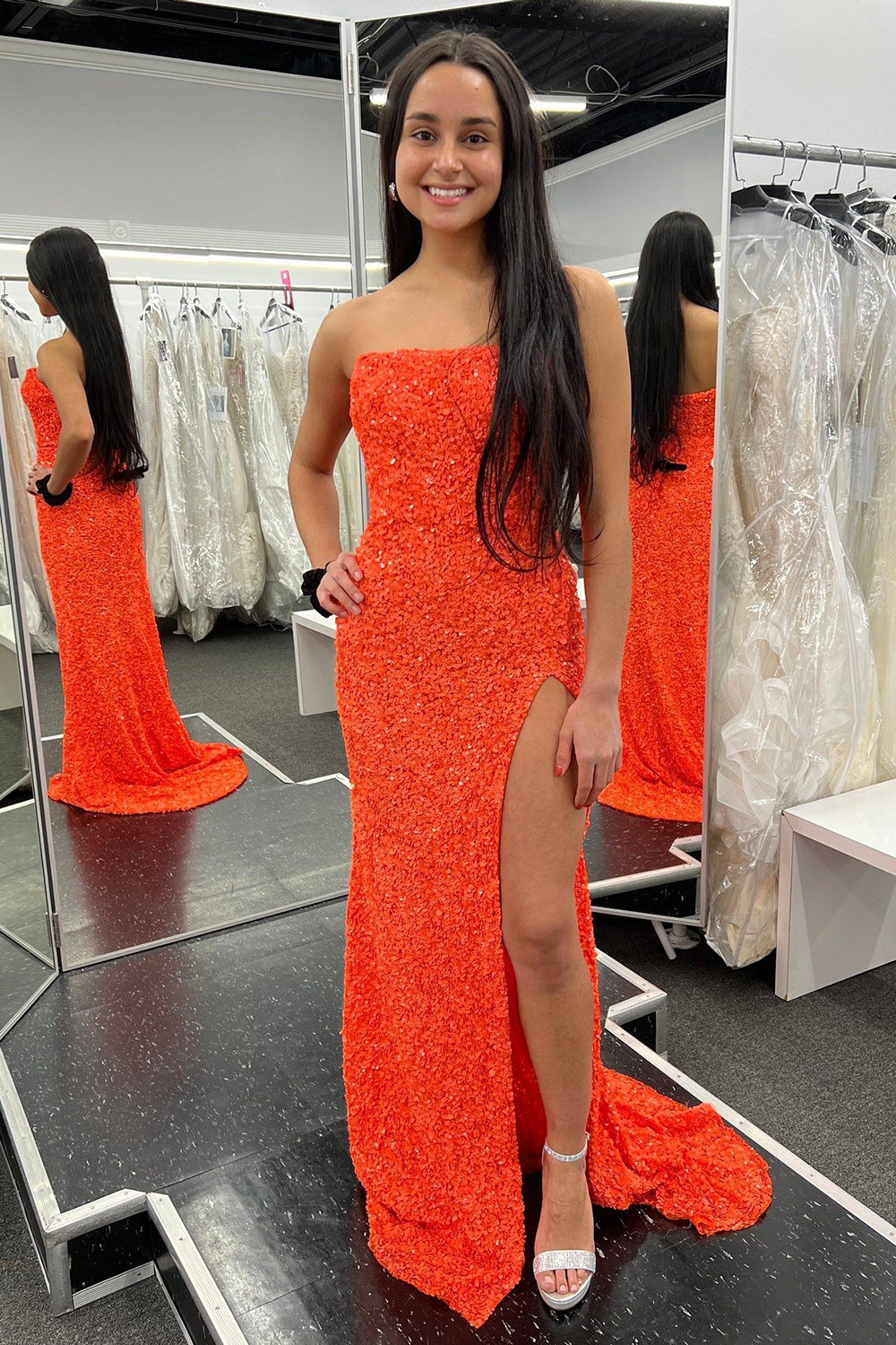 Sheath Strapless Orange Sequins Long Prom Dress with Split