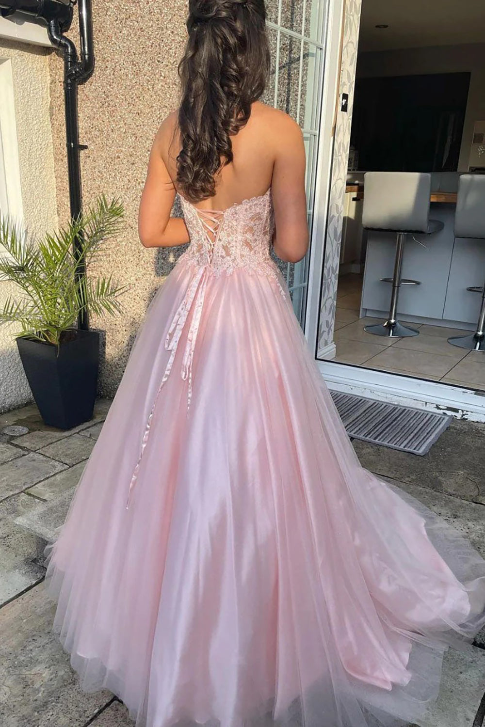 A Line Sweetheart Pink Corset Prom Dress with Appliques
