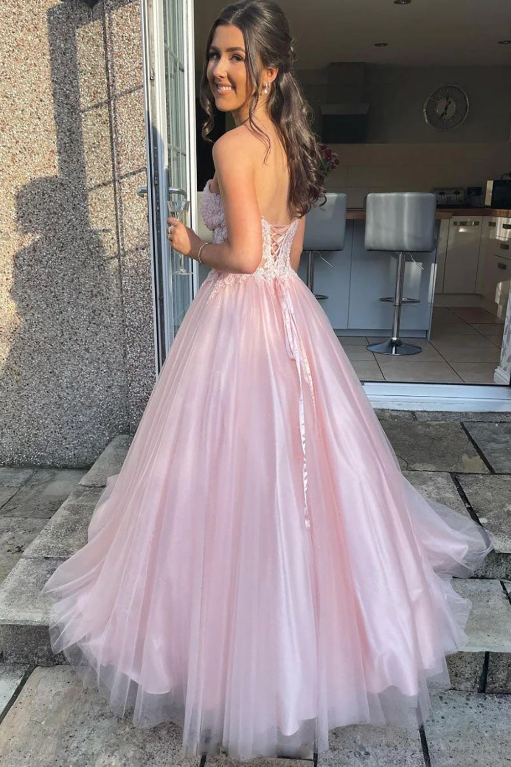 A Line Sweetheart Pink Corset Prom Dress with Appliques