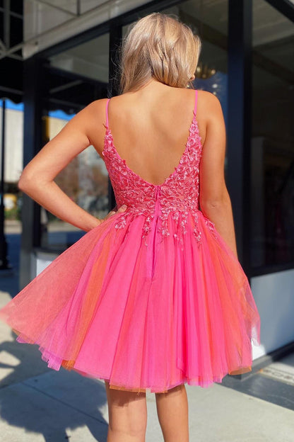 Hot Pink A-Line Tulle Short Homecoming Dress with Lace