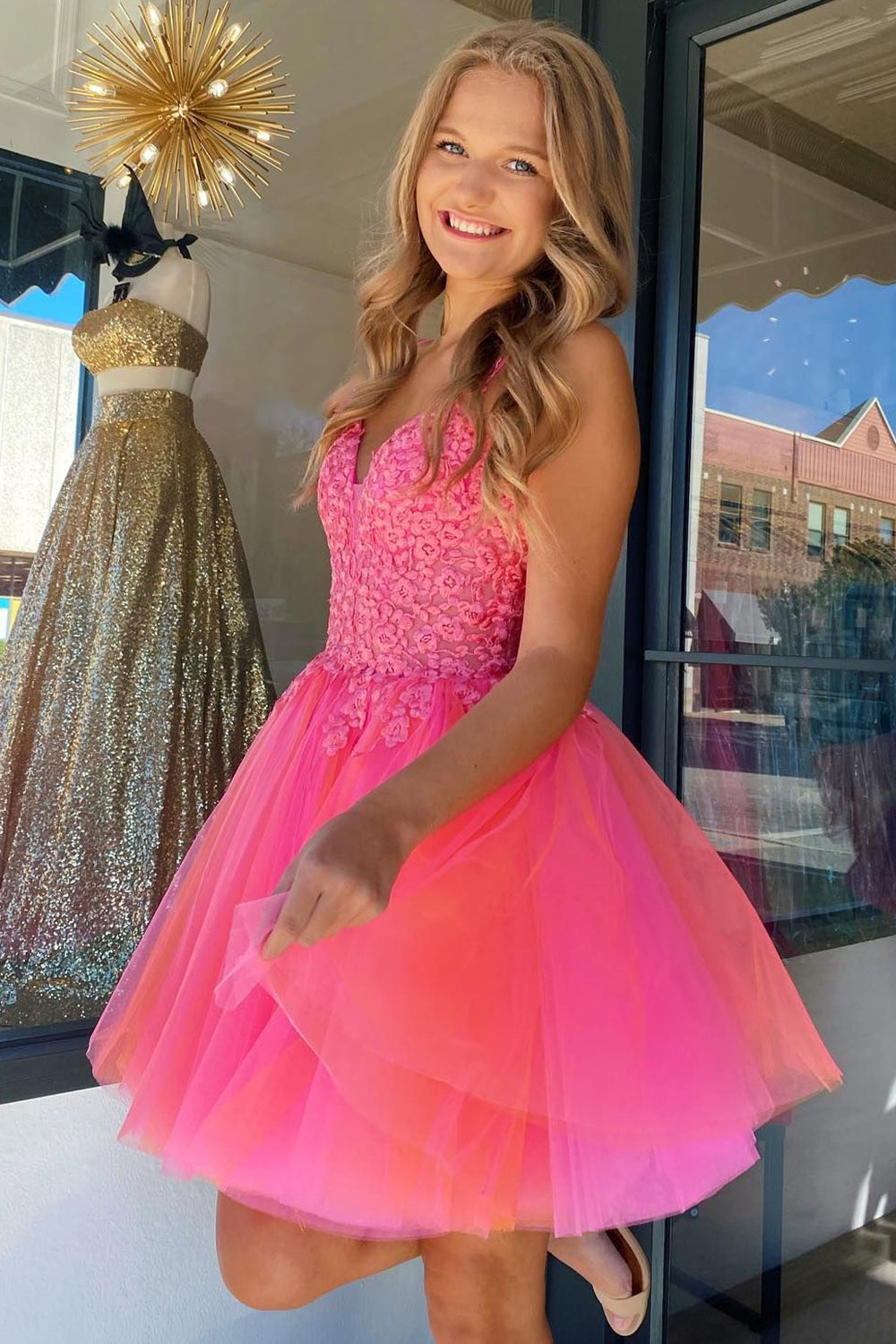 Hot Pink A-Line Tulle Short Homecoming Dress with Lace – jkprom