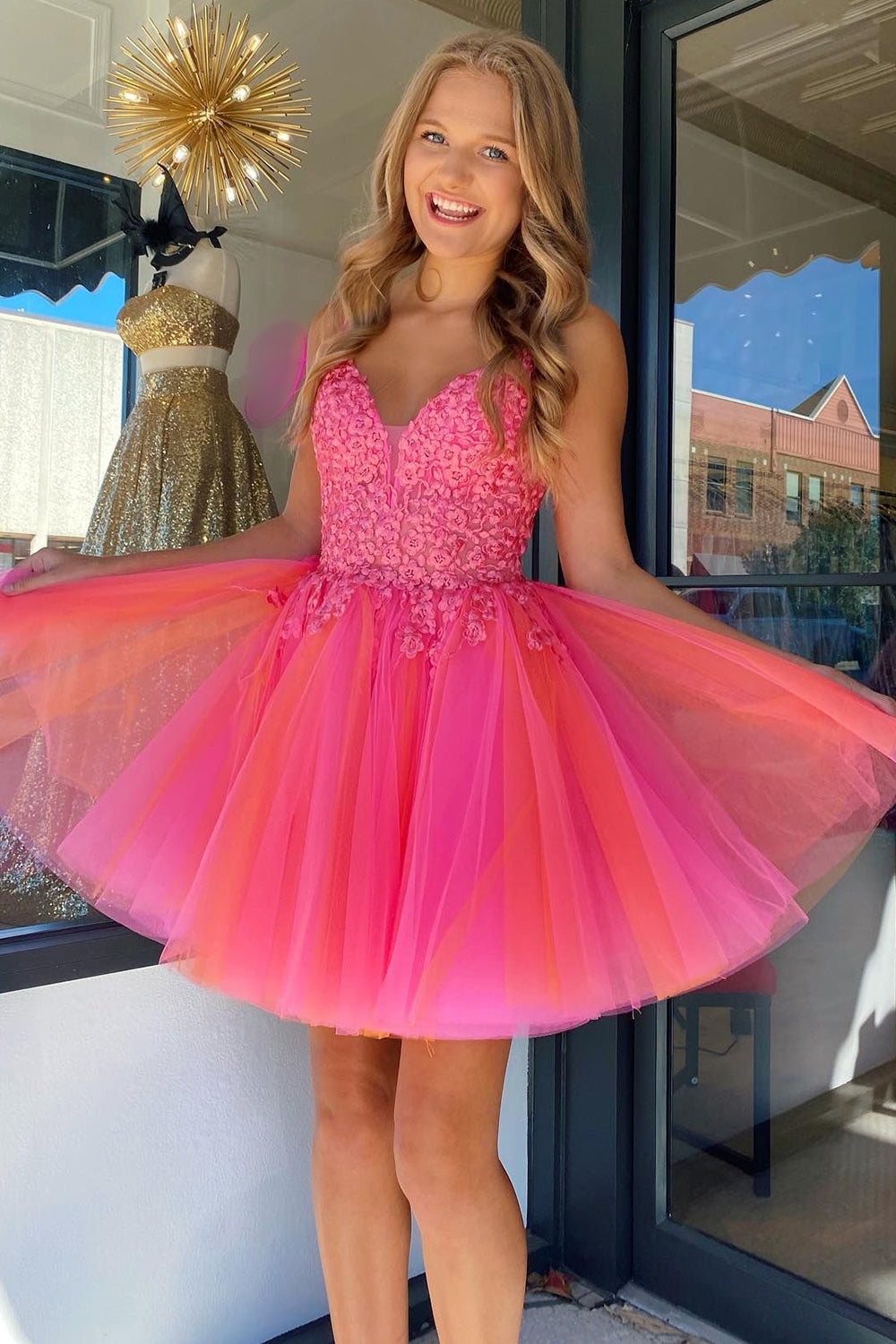Hot Pink A-Line Tulle Short Homecoming Dress with Lace jkprom Hot Pink A-Line Tulle Short Homecoming Dress with Lace jkprom