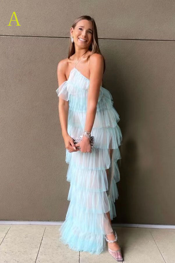 New Style Halter Ruffles Tulle Prom Dresses with Slit,Charming Long Party Dress