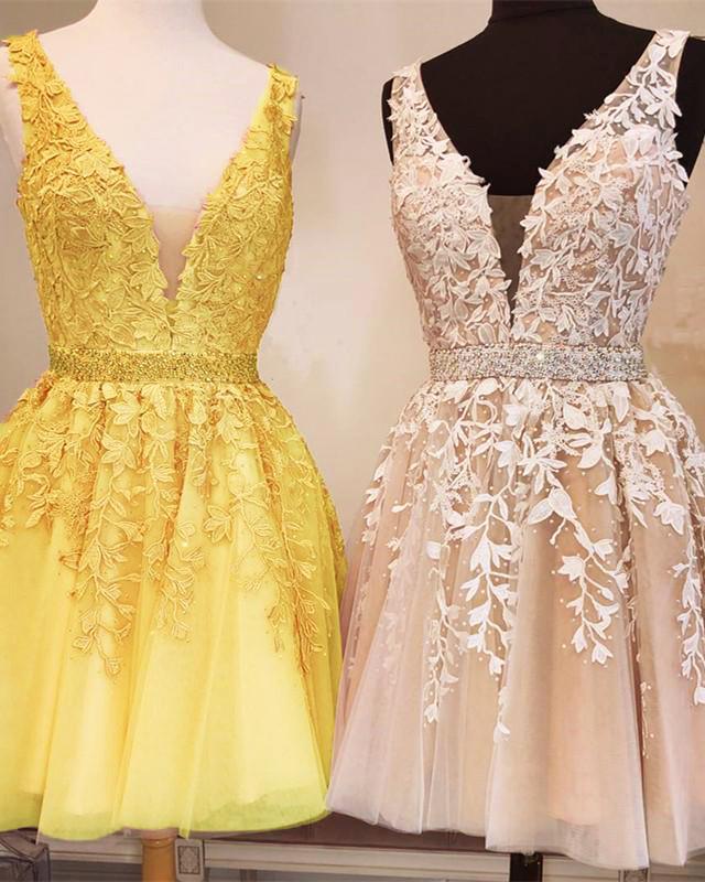 Short V-neck Tulle Prom Homecoming Dresses Lace Embroidery