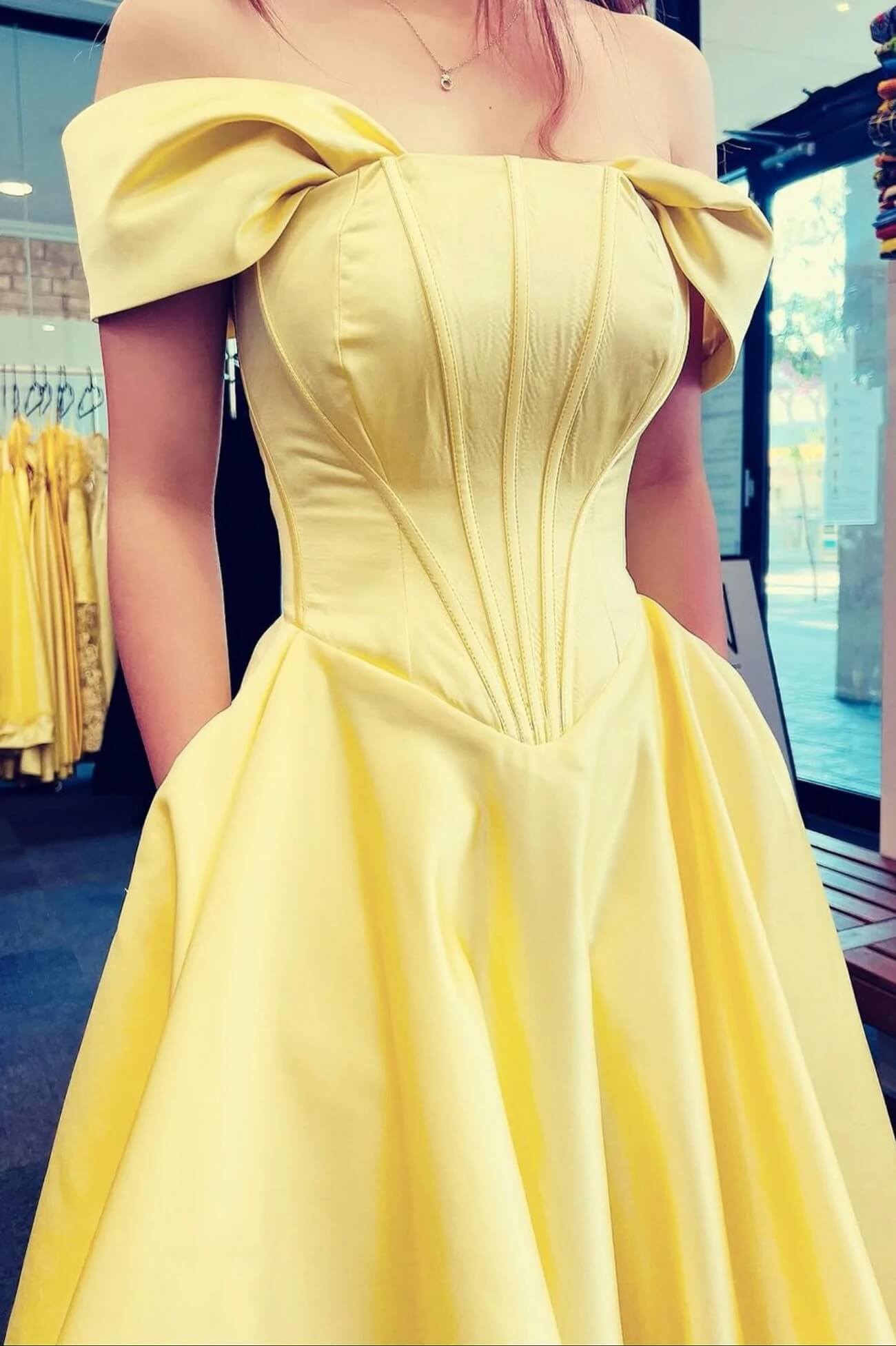 Yellow Satin Long Prom Dress Off Shoulder A-line Evening Dresses with Pockets