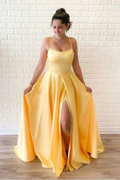 Yellow Sleeveless Split Long Prom Dresses, Sweep Train Evening Dress