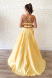 Yellow Sleeveless Split Long Prom Dresses, Sweep Train Evening Dress