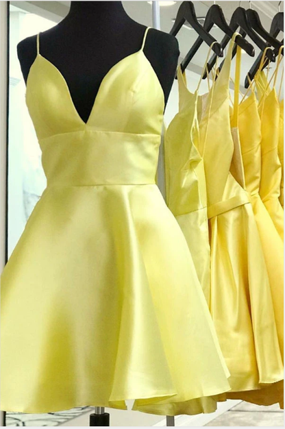 A-line Short Yellow Homecoming Dresses V-neck Party Dress with Pockets jkprom A-line Short Yellow Homecoming Dresses V-neck Party Dress with Pockets jkprom