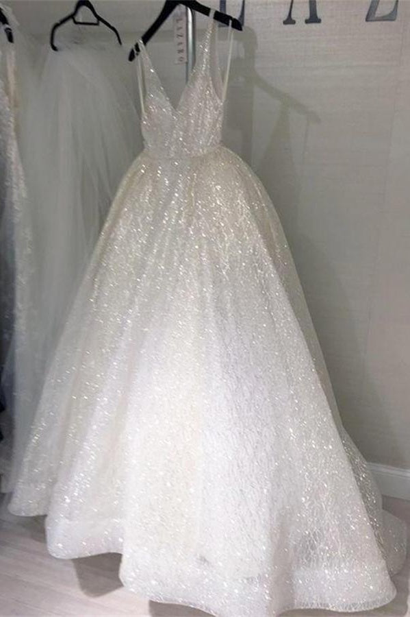 Sparkly Ivory Spaghetti Straps Backless Long Wedding Dress Ball Gown