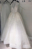 Sparkly Ivory Spaghetti Straps Backless Long Wedding Dress Ball Gown