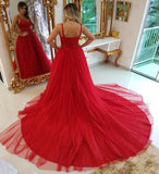 A-line Red Tulle Prom Gown with Double Shoulder Straps,Formal Dress with Long Train