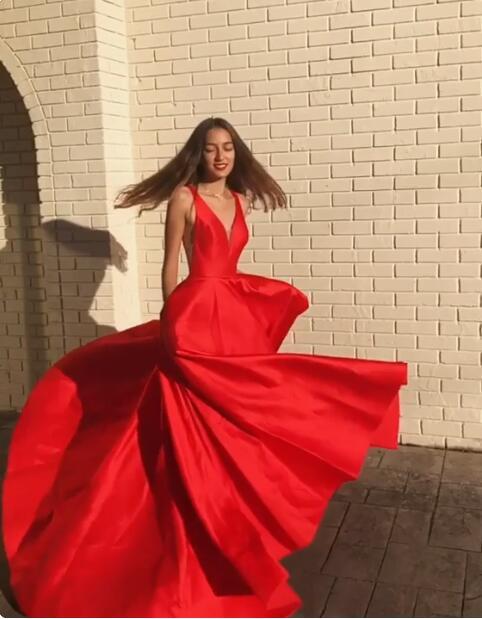 A-line Satin Red Prom Dress,V Neck Party Gowns with Pockets,Graduation Dress