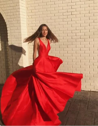 A-line Satin Red Prom Dress,V Neck Party Gowns with Pockets,Graduation Dress