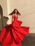 A-line Satin Red Prom Dress,V Neck Party Gowns with Pockets,Graduation Dress