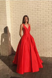 A-line Satin Red Prom Dress,V Neck Party Gowns with Pockets,Graduation Dress