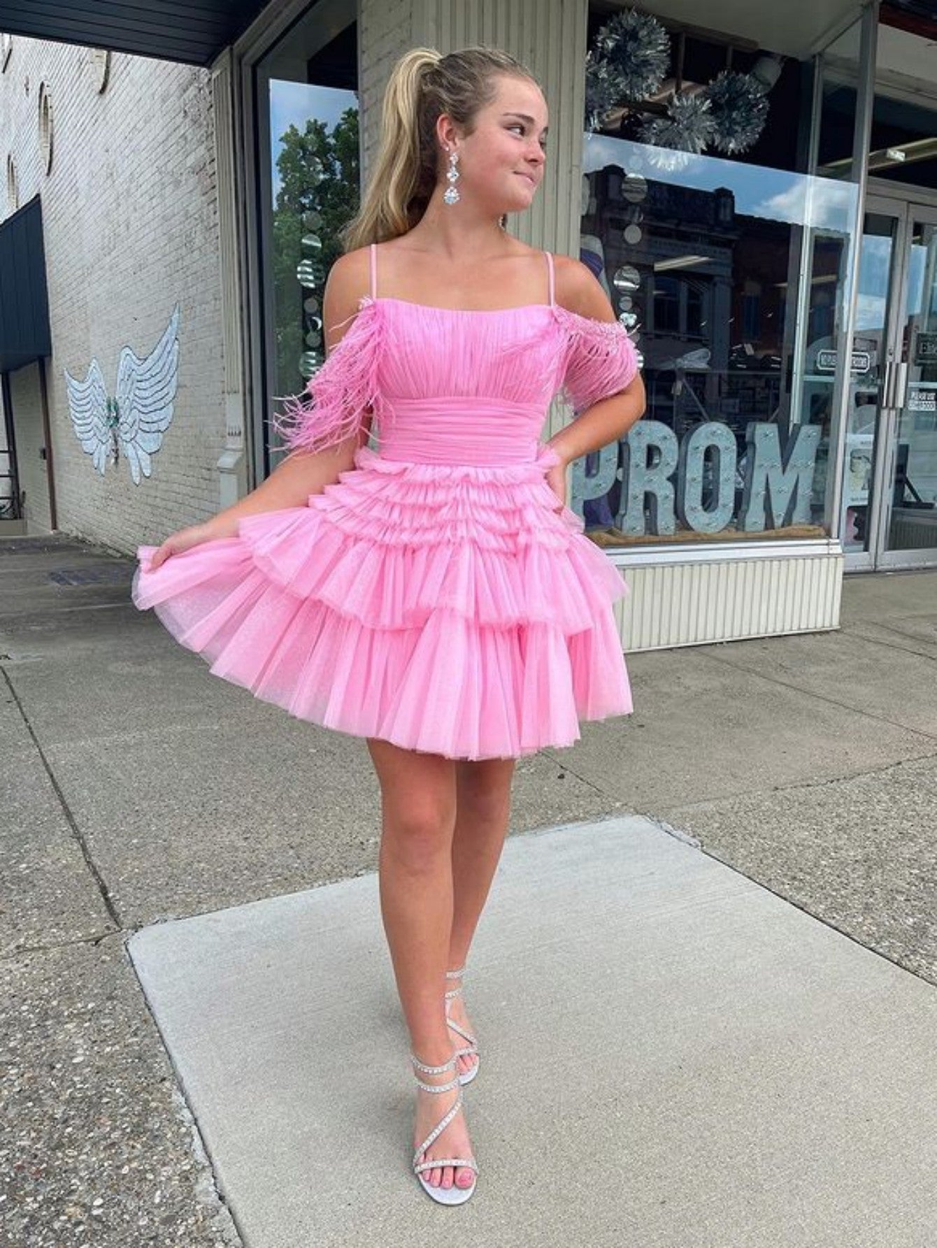 Pink-A-Line-Tiered-Short-Homecoming-Dress-With-Feathers