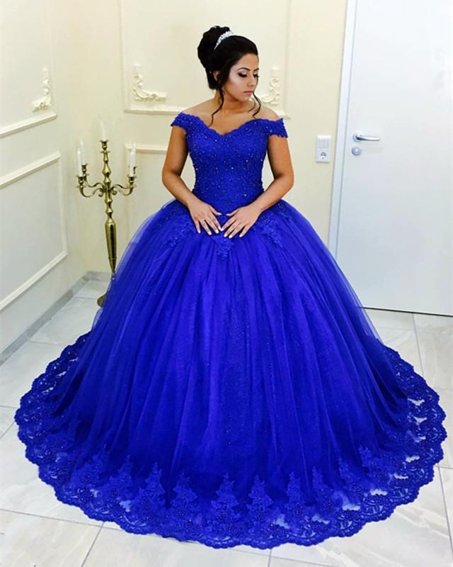 Beaded Lace V-neck Off Shoulder Tulle Ball Gowns Quinceanera Dresses,Formal Dress
